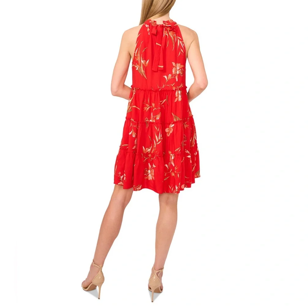 Cece Floral Print Tiered Halter Dress in Fiery Red. NWT. - Picture 3 of 5
